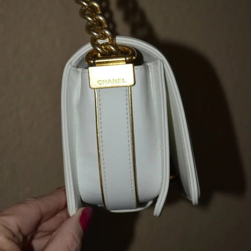 Chanel White Braided Leather Boy Bag Chain Strap Crossbody Shoulder Handbag